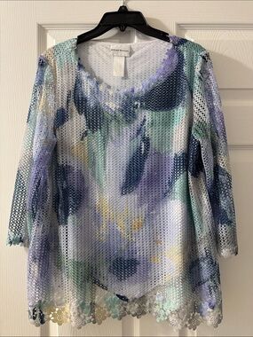 Alfred Dunner Lavender Multi Floral Mesh Long Sleeve Top